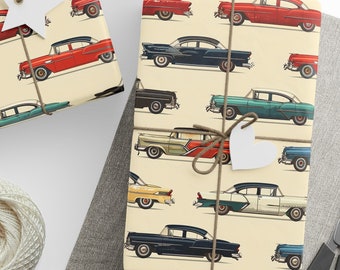 May include: A sheet of wrapping paper with a vintage car pattern. The paper is cream colored with a repeating pattern of red, blue, green, and black cars. The cars are all different makes and models, and they are all facing the same direction. The paper is decorated with twine and a white star.