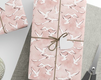 Papier do pakowania z mewą, Różowy papier do pakowania z mewą, Papier do pakowania z ptakami morskimi, Papier do pakowania prezentów urodzinowych z mewą