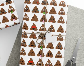 May include: White wrapping paper with a repeating pattern of brown poo emojis with different facial expressions. Some emojis have sunglasses, money, or a tongue sticking out.