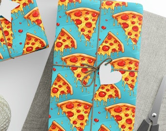 May include: Three gift boxes wrapped in blue wrapping paper with a pattern of dripping pizza slices. The boxes are tied with twine and have white paper tags attached.