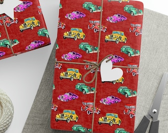 May include: Red wrapping paper with a repeating pattern of vintage cars in various colors, including yellow, green, pink, and blue. The cars are illustrated in a cartoon style and have white wheels. The paper is wrapped around a gift box with a white star and a white heart.