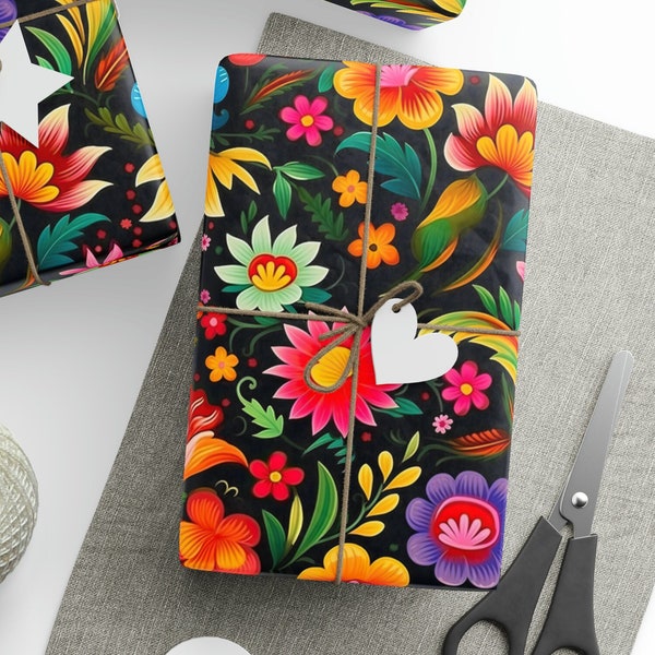 Traditional Mexican Flowers Gift Wrapping Paper Roll, Mexican Flowers Gift Wrapping Paper, Floral Mexican Gift Wrapping Paper