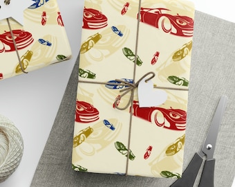 May include: A set of three wrapping paper sheets with a vintage car design. The paper features red, blue, and yellow cars on a cream background.
