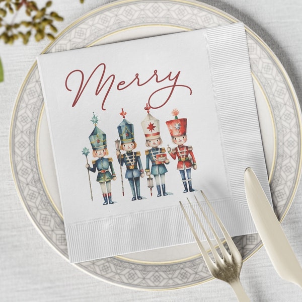 Nutcracker White Coined Napkins, Merry Christmas Nutcracker Napkins, Nutcracker Festive Napkins, Nutcracker Party Napkins