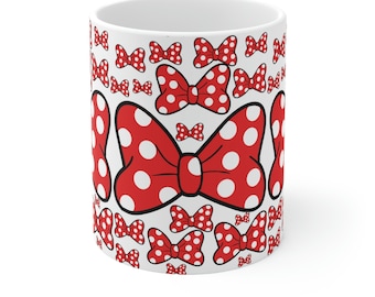 Taza de cerámica con lazo rojo de 11 onzas, taza de dibujos animados con lazos rojos, taza con lazo de lunares, taza de cerámica con lunares