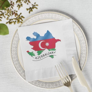 Azerbaijan White Coined Napkins, Azerbaijan Flag Party Napkins, Azerbaijan Map Party Supplies, Azerbaijan Flag Festive Napkins