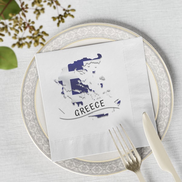 Greece White Coined Napkins, Greece Flag Party Napkins, Greece Map Party Supplies, Greece Flag Festive Napkins