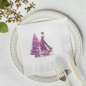 Pink Christmas White Coined Servetten, Feestelijke Pink Christmas Lady Servetten, Pink Christmas Servetten