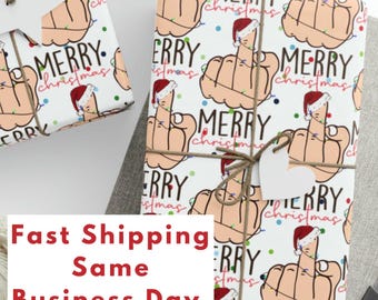 Middle Finger Christmas Gift Wrapping Paper, Funny Middle Finger Wrapping Paper Roll, Christmas Santa Middle Finger Gift Wrapping Paper,