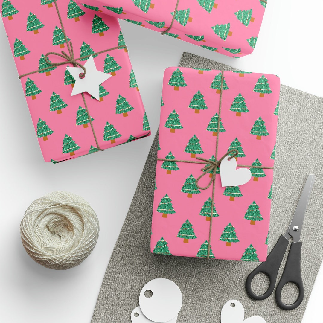 Christmas Trees Gift Wrapping Paper, Pink Christmas Gift Wrapping Paper
