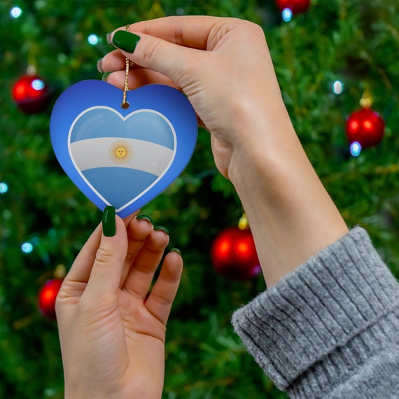 Boules De Noël En Céramique En Forme De Cœur – Drapeau Argentin & Ruban Jaune | Décoration Festive Pour Sapin, Cadeau Chaleureux