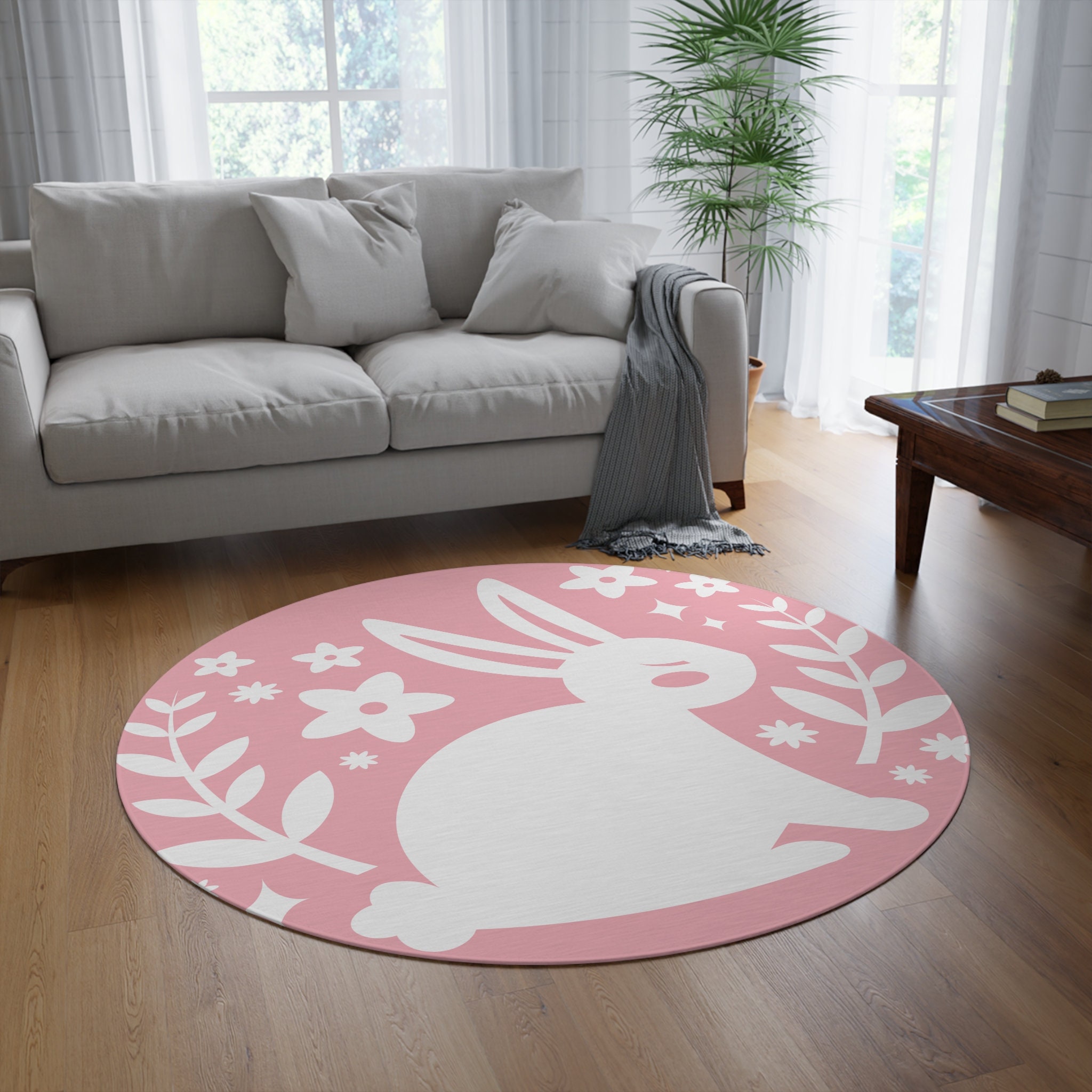 Bunny and Flowers Round Rug, Girl Bunny Rug, Home Decor Bunny Rug