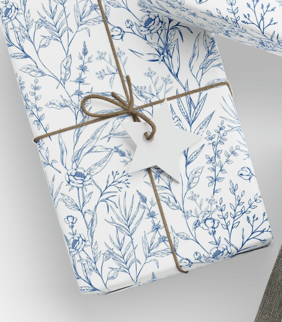 Blue Flowers Wrapping Paper, Wedding Floral Gift Wrapping Paper ...