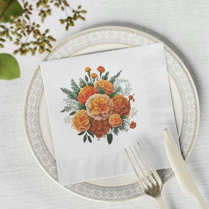 Marigold White Coined Napkins, Marigold Flower Napkins, October Month Flower Napkins, Marigold Flower Festive Napkins