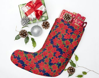 Christmas Poinsettia Christmas Stockings, Poinsettia Christmas Stockings, Festive Poinsettia Christmas Stockings ( Blue )