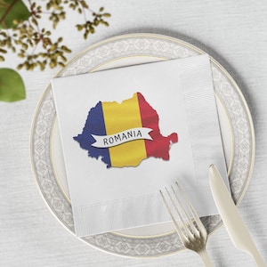 Romania White Coined Napkins, Romania Flag Party Napkins, Romania Map Party Supplies, Romania Flag Festive Napkins