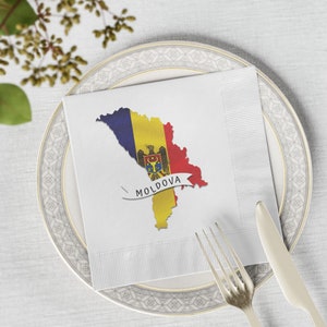Moldova White Coined Napkins, Moldova Flag Party Napkins, Moldova Map Party Supplies, Moldova Flag Festive Napkins