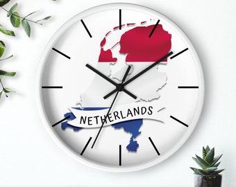 Netherlands Flag Wall Clock, Netherlands Map Clock, Netherlands Inspired Gifts, Netherlands Minimalist Clock 10"