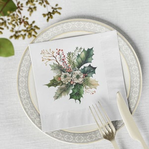 Holly White Coined Napkins, Holly Christmas Festive Napkins, Christmas Holly Napkins