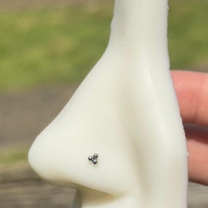 Könnte beinhalten: Ein weißes Plastik-Nasenpiercing-Übungsmodell mit einem silbernen dreikugligen Nasenring.