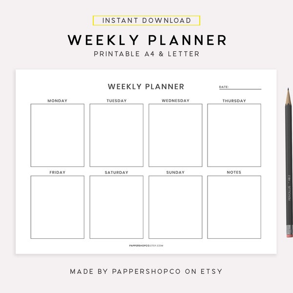 Minimalist Weekly Planner, Printable Landscape Weekly Schedule, Week At a Glance, Weekly Organizer, Desk Planner, Office Planner, A4/Letter
