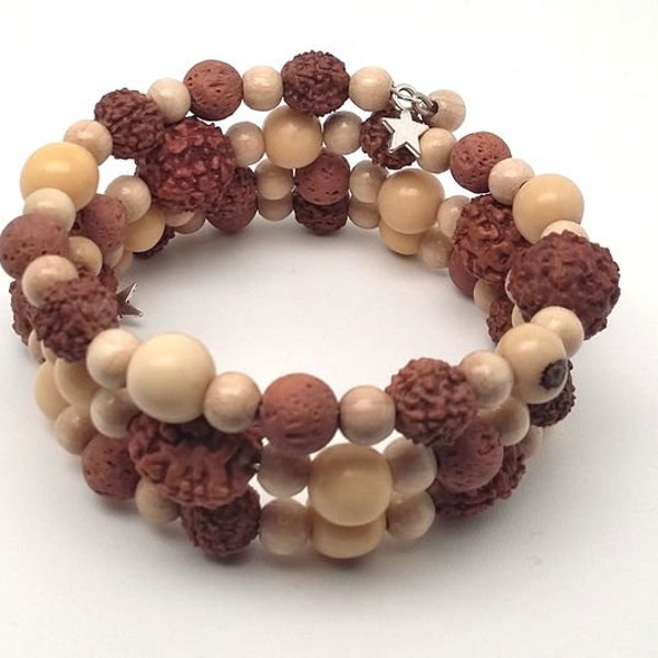 Bracelet graines Rudraksha - Bracelet graines Acaï - Bracelet perle de Lave - Bracelet perle en Bois