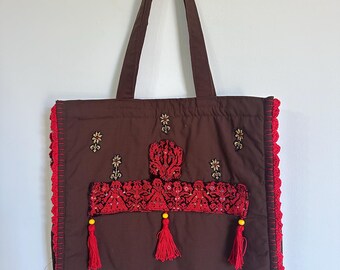 Tote Bage-Handmade Brown Red Tatreez