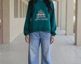 Hand-Embroidered Tatreez Cultural Long sleeve Sweatshirt Pullover, Dome of the Rock Arabic Callig -Everyday Heritage Wear**Full Locally Made