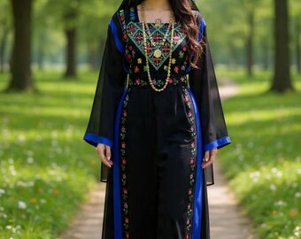 Royal Blue Stripe Handmade Embroidery Tatreez Dress Thoub with matching Embroidery Headscarf & Belt