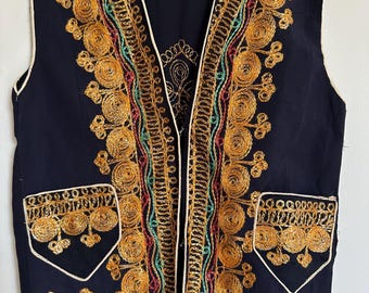 Vintage* Navy Blue Linen Vest- with Golden Palestinian Tahriri Tatreez Embroidery