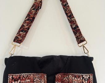 Messenger Crossbody Bag-Handmade Brown Beige Tatreez with Vintage Crochet Collar & Tatreez adjustable Handle