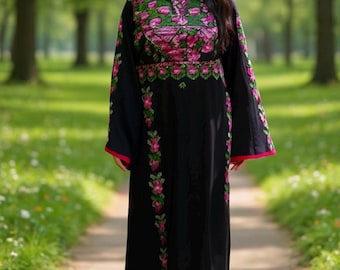 Hot Pink Floral Handmade Embroidery Tatreez Dress Thoub Abaya with matching Embroidery Headscarf & Belt