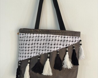 Tote Bage-Handmade Dark Silver faux leather Kufiya