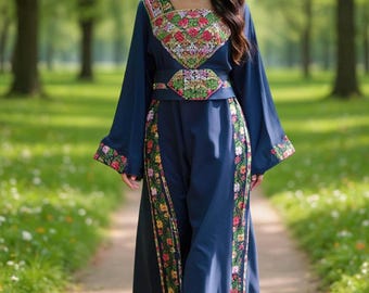 Navy Blue Handmade Embroidery Tatreez Dress Thoub with matching Embroidery Headscarf & Belt