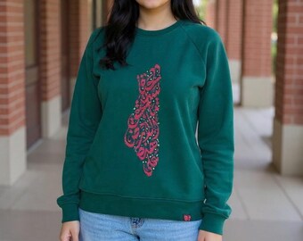Hand-Embroidered Tatreez Cultural Long sleeve Sweatshirt Pullover, Poetry Palestine Map - Everyday Heritage Wear **Full Locally Made