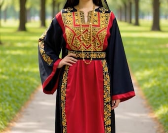 Golden Red Handmade Embroidery Tatreez Dress Thoub with matching Embroidery Headscarf & Belt