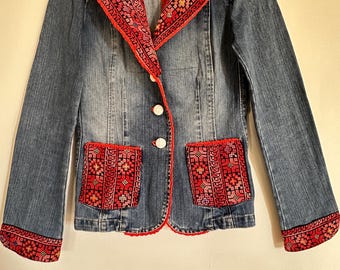 Vibrant Red Tatreez Denim Blazer Jacket with handmade Crochet Edges