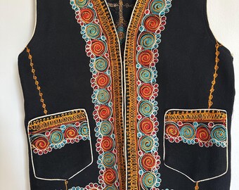 Vintage* Black Wool Vest- with Golden Colorful Palestinian Tahriri Tatreez Embroidery