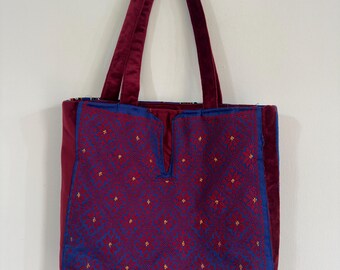Tote Bage-Handmade Burgundy Velvet Blue Burgundy Tatreez & unique matching colors Badoun Style Striped Back