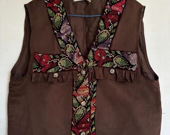 Brown Suede Vest- Remodeled with Colorful Floral Handmade Tatreez