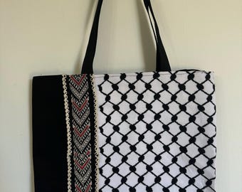 Tote Bage-Handmade Black Beige Tatreez with Kufiya