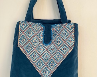 Tote Bage-Handmade Teal Blue Velvet Tatreez