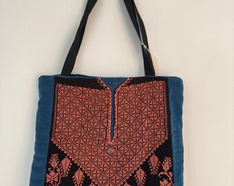 Tote Bage-Handmade Teal Blue Velvet Red Tatreez