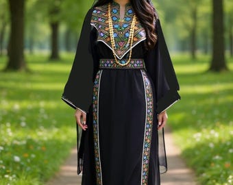 Beige Stripe Handmade Embroidery Tatreez Dress Thoub with matching Embroidery Headscarf & Belt