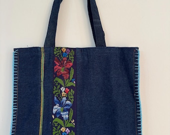 Tote Bage-Handmade Blue Denim Tatreez