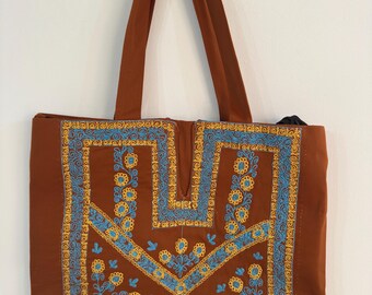 Tote Bage-Handmade Carmel Suede With blue & yellow Tahriri (Couching) Stitch