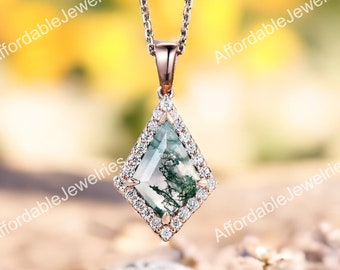 Kite cut natural green moss agate necklace unique halo snowdrift moissanite necklace pendant rose gold women mother anniversary gift