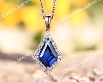 Kite blue sapphire necklace solid 14k 18k yellow gold vintage unique Personalized pendant women her gemstone anniversary bridal gift mother