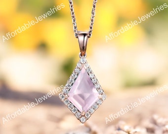 Kite cut rose quartz necklace unique halo snowdrift moissanite necklace pendant rose gold women mother bridal promise anniversary gift