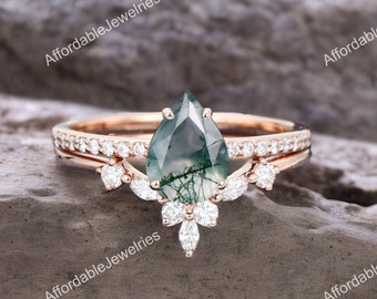 Set di anelli di fidanzamento in agata di muschio a forma di pera, set di anelli di agata di muschio vintage, set di anelli di moissanite marquise, anello di muschio verde, 7 anelli di pietra, set da sposa